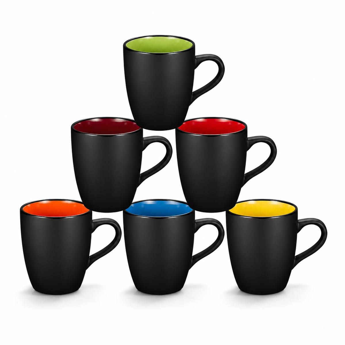 6 Pack Porcelain Coffee Mugs Set, 12 Ounces Ceramic Coffee Mugs, Matte Black Coffee Mug, Restaurant Cups for Coffee, Tea, Cappuccino, Cocoa, Cereal, Black outside and Colorful insi clean product image
