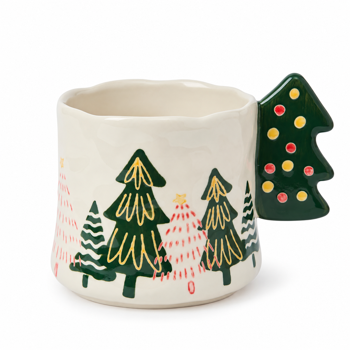 Novelty Christmas Mug with 3D Tree Handle, Hand Drawn Winter Forest Pattern Ceramic Cup, Unique Christmas Gift Idea for Holiday Gifting, Xmas Decor Coffee Tea Mug clean product image